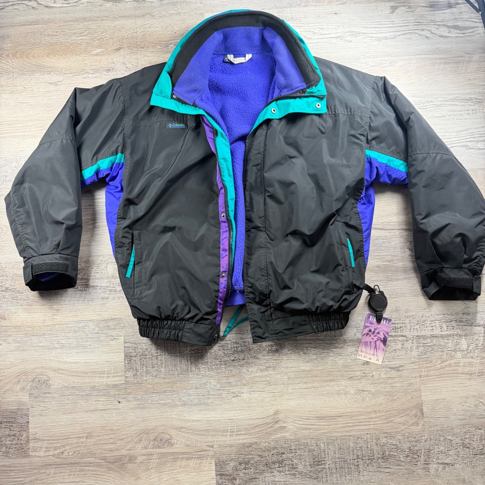 Vintage Columbia Bugaboo Jacket Mens L 90s 3-in-1 Fleece Lined Black Teal Purple